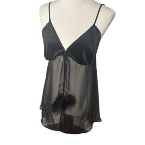 Vintage Babydoll Lingerie Velvet Sheer Black Size L Pom Poms